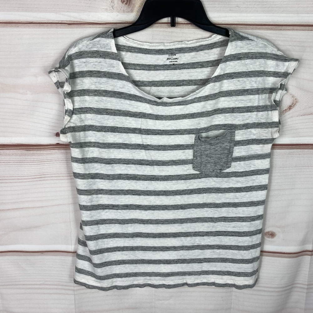 J Crew Top Womens M Gray Stripe Linen T-Shirt Cap Sleeve Scoop Neck Pockets Knit